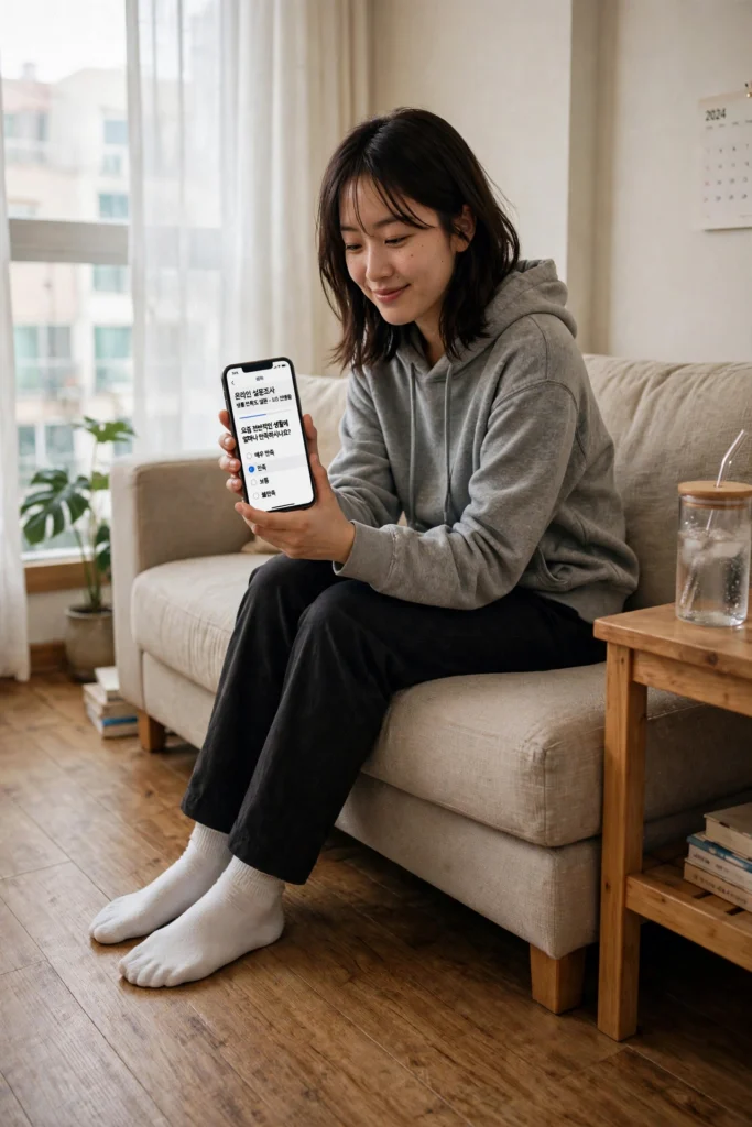 소파에 앉아 스마트폰으로 설문조사 앱테크를 하는 모습