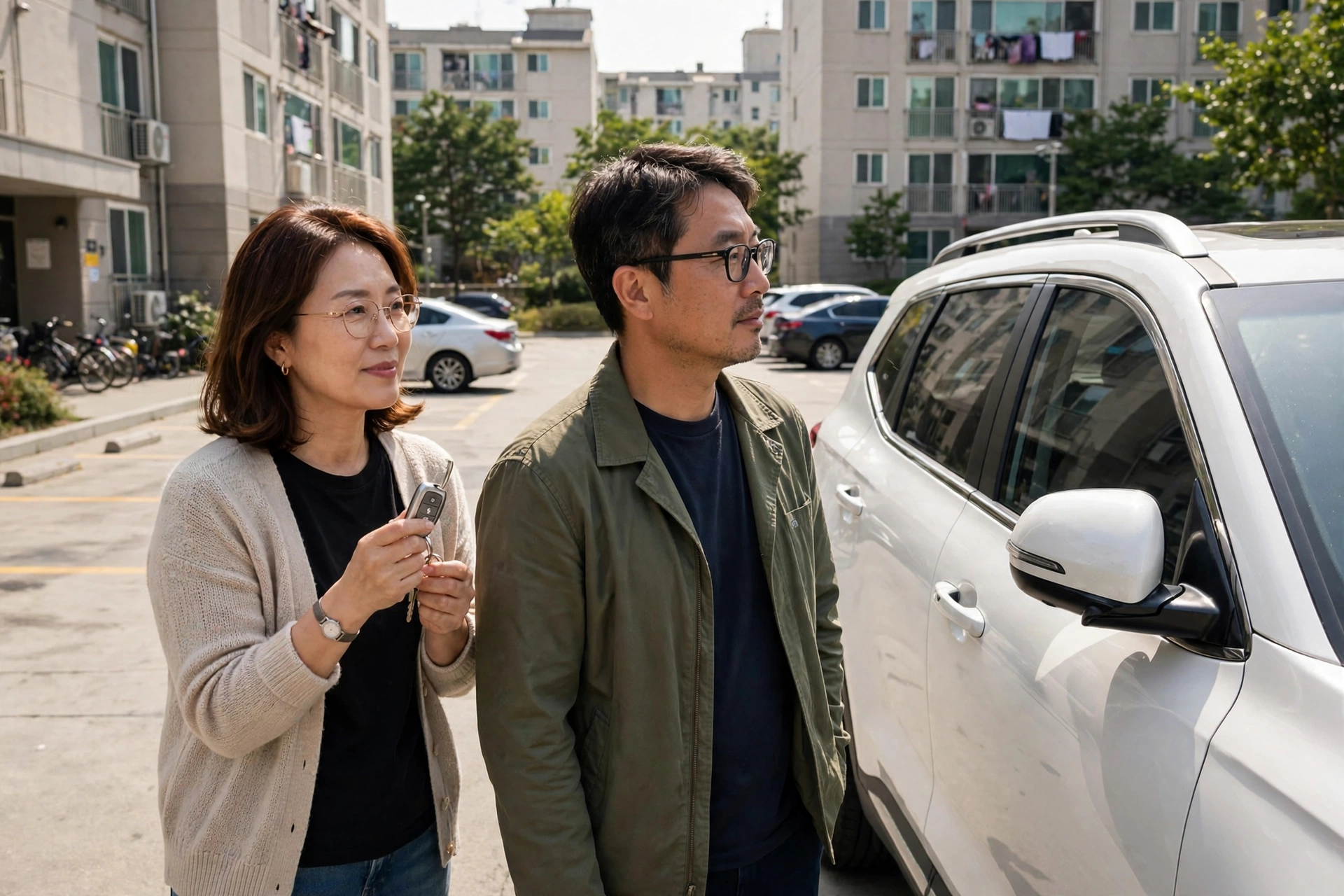 아파트 주차장에서 자동차보험 갱신을 논의하는 40대 부부