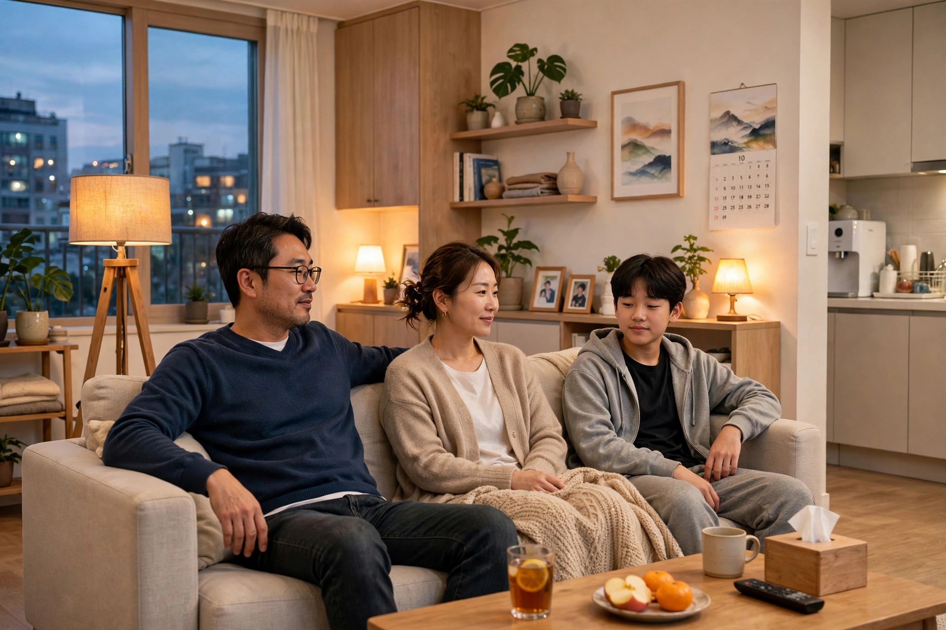 저녁 거실에서 편안히 쉬는 가족 모습