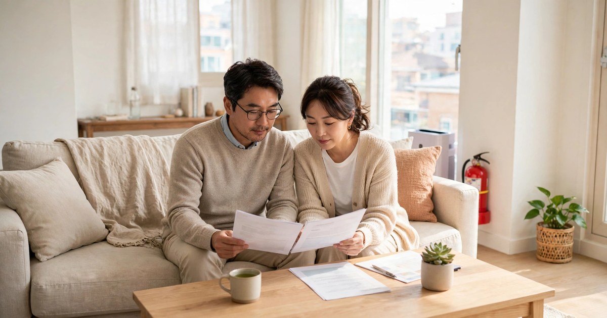 40대 부부가 거실에서 주택화재보험 서류를 확인하는 모습