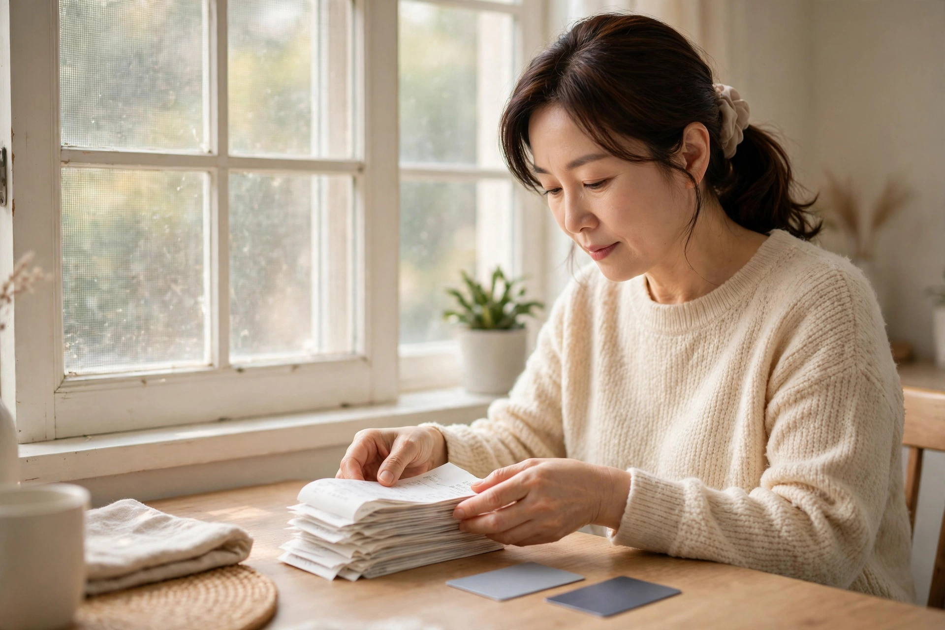 식탁에서 의료비 영수증을 정리하는 40대 여성