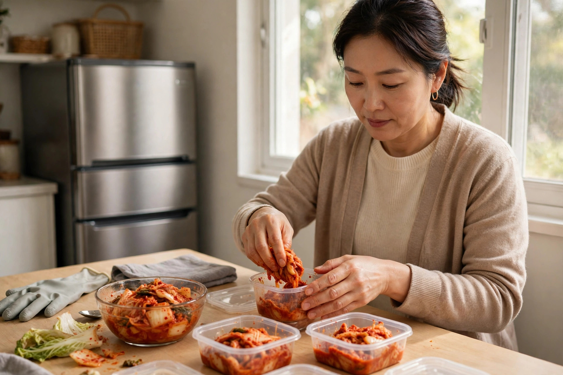김치를 작은 통에 나눠 담는 모습