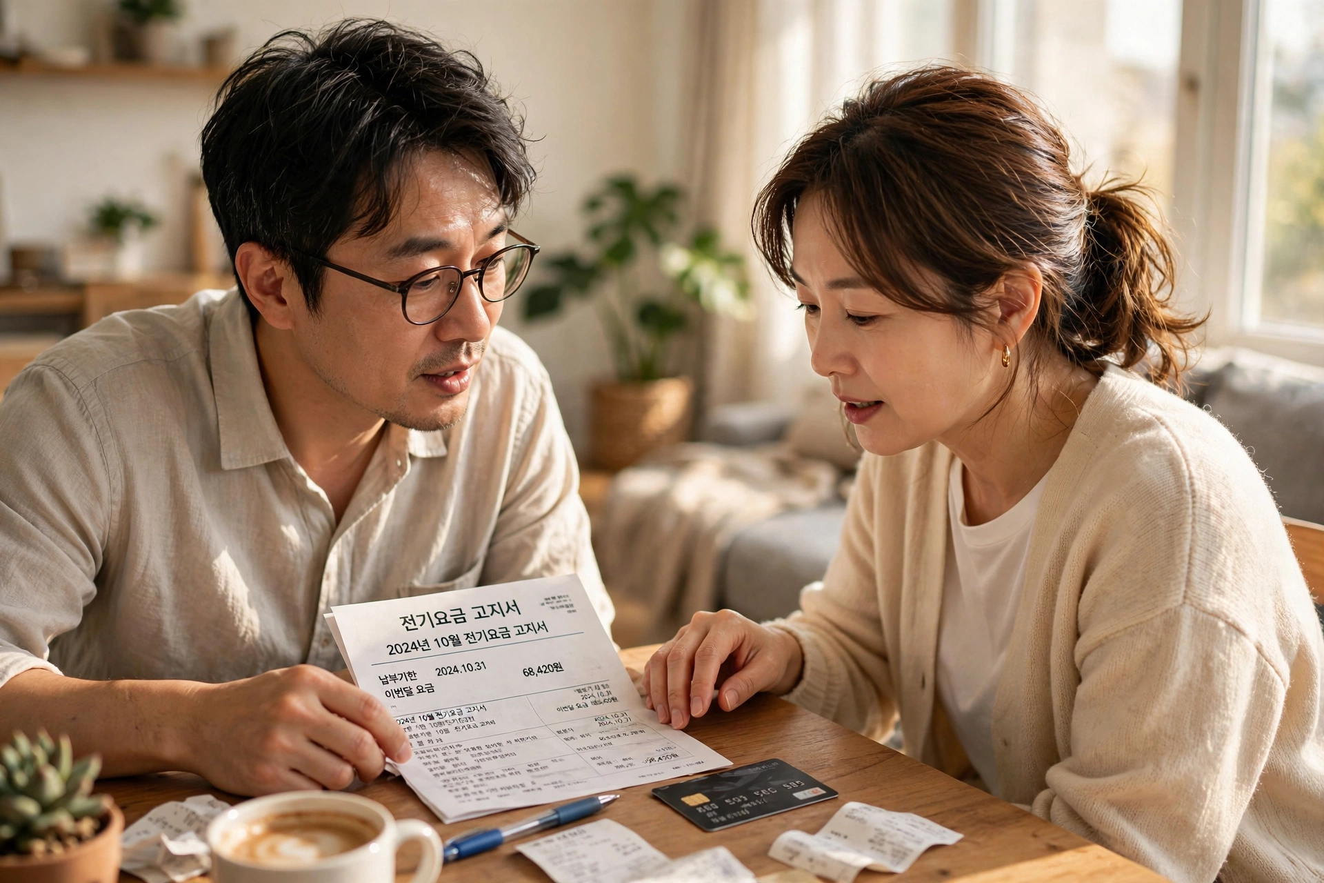 전기요금 고지서와 신용카드를 보며 상의하는 40대 부부