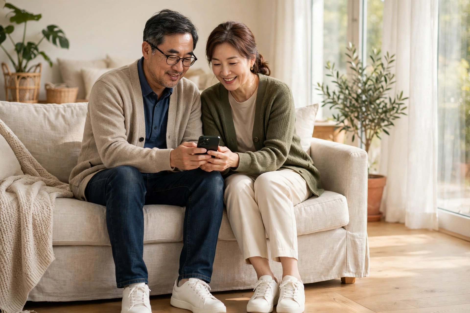 함께 스마트폰 화면을 보며 알뜰폰 요금제를 비교하는 부부