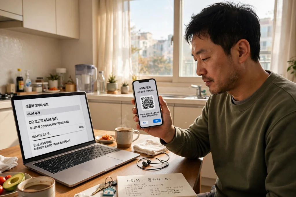 주방에서 eSIM QR코드를 스캔해 셀프개통하는 한국인 남성
