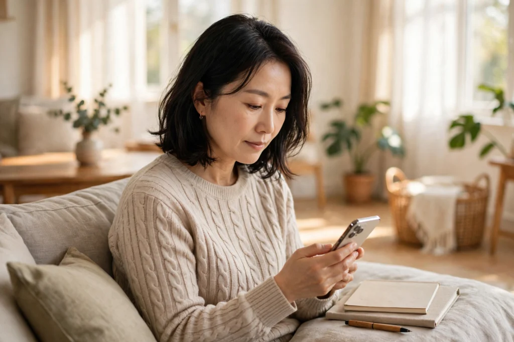 소파에서 차분하게 스마트폰 구독 목록을 확인하는 40대 여성 - OTT 구독료 점검