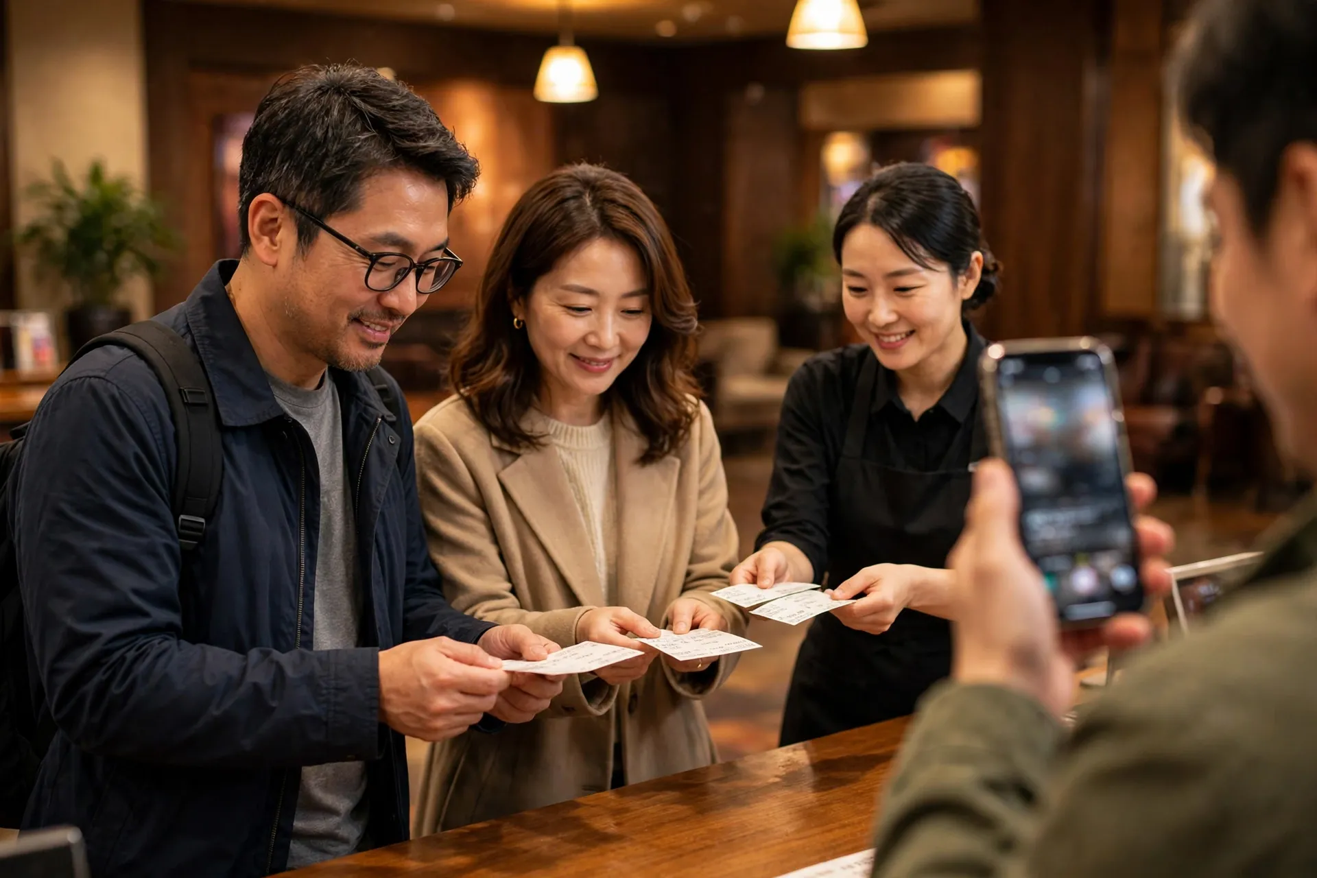 문화누리카드 사용처인 영화관 매표소에서 티켓을 받는 한국인 부부