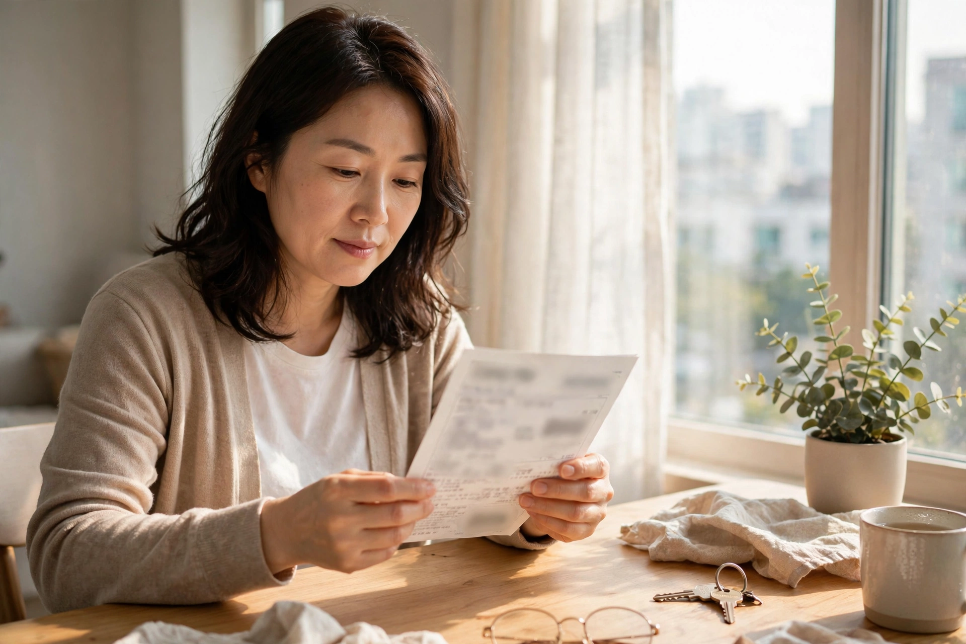 공과금 고지서를 확인하는 주부
