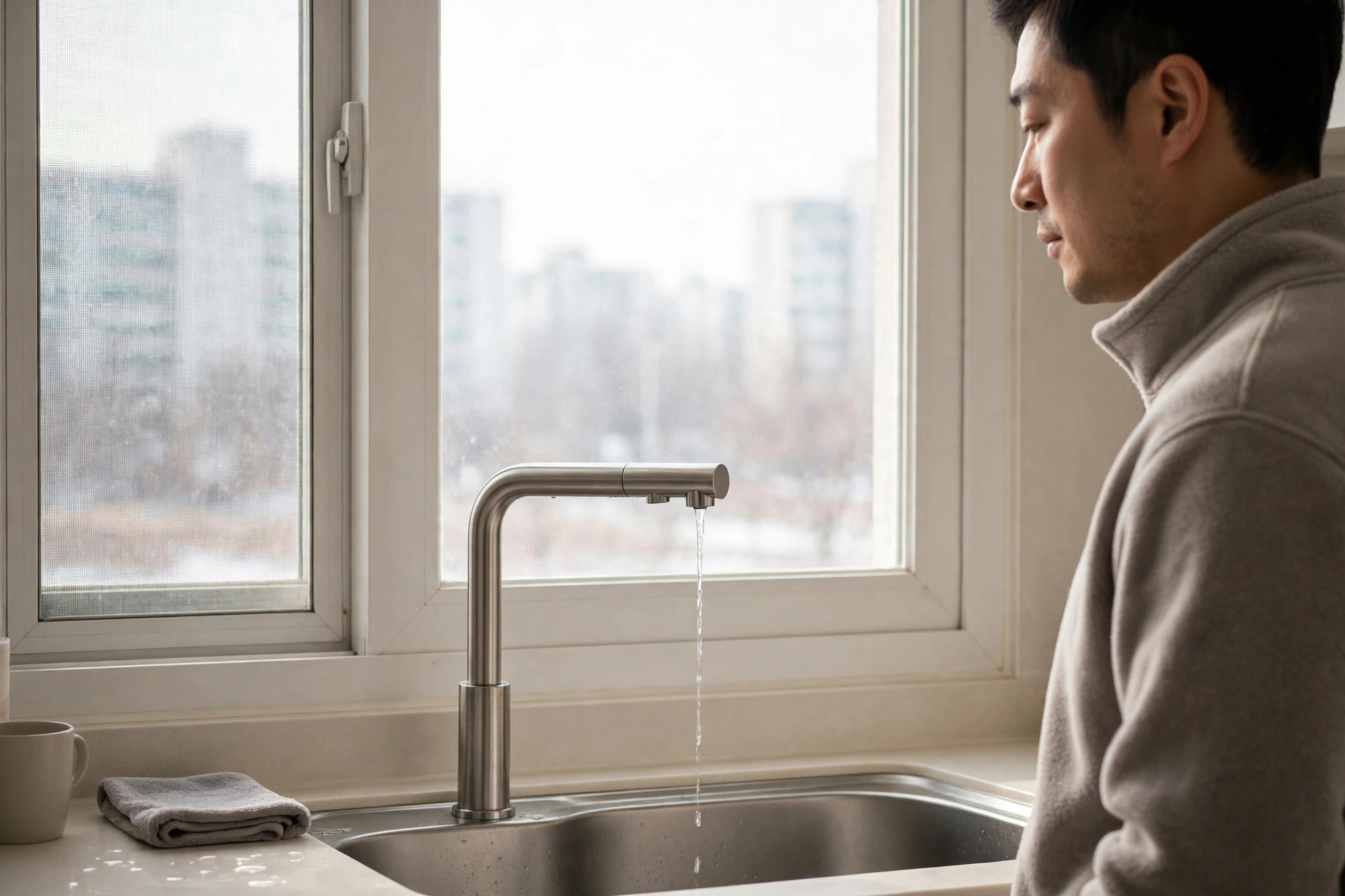 겨울철 한파 때 수도꼭지에서 가늘게 물을 흘려 수도계량기 동파를 예방하는 주방 모습