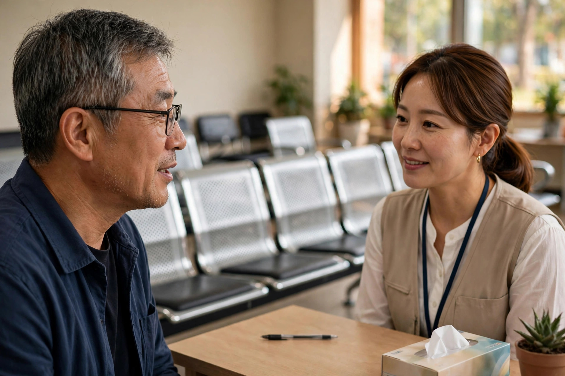 주민센터에서 복지급여 신청을 상담받는 50대 한국 남성